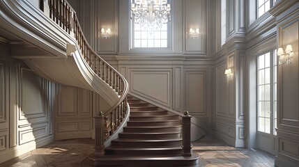 Traditional and refined staircase design with a classic newel post and elegant chandelier 