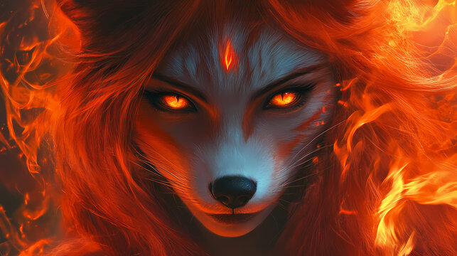 Fierce kasai kitsune female fox with fiery flame red hair and piercing gaze; immortal age old mythical spirit guardian fantasy art portrait - fictional character generative ai. Immortal. Illustration