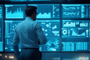 Fototapeta premium A business professional analyzing data on multiple digital screens in a modern office setting, illuminated by blue tones.