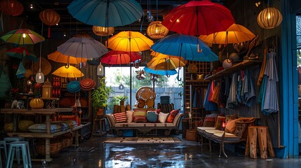 Umbrella Oasis: Vibrant umbrellas standing in a cozy home decor shop 