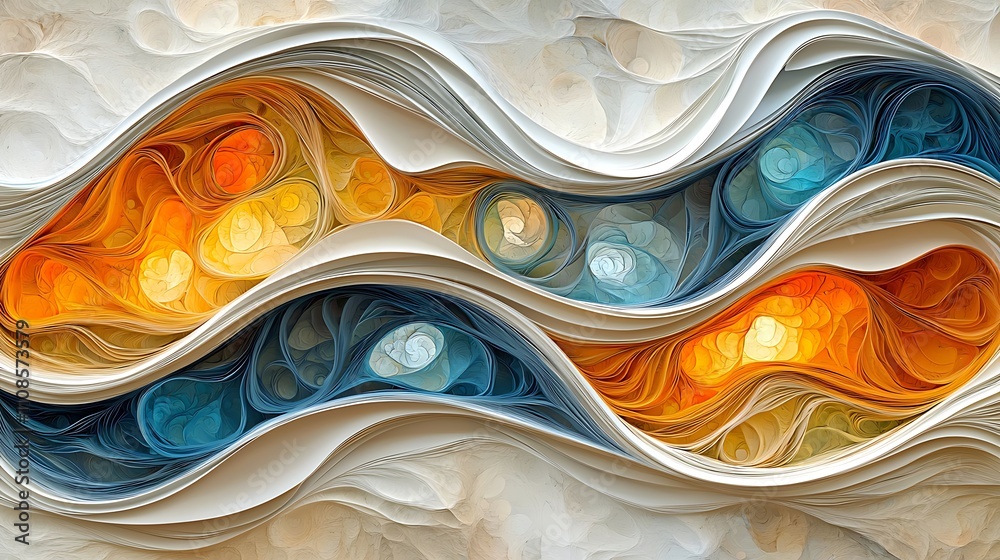 Poster layered abstract composition with seamless 3d shapes in warm and cool tones, creating a visual harmo
