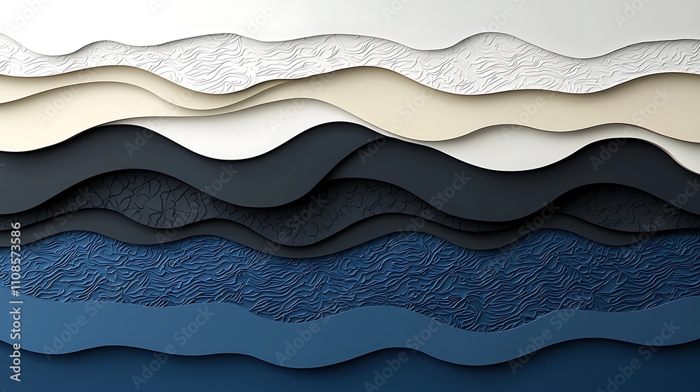 Poster layered abstract shapes creating a seamless 3d effect with fluid waves and textured patterns in a co