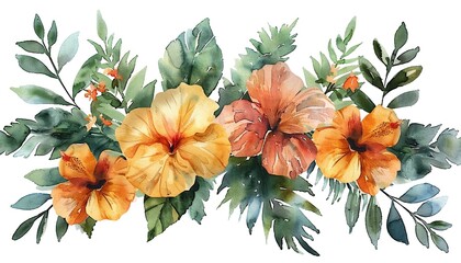 Fototapeta premium Watercolor of Tropical spring floral green leaves and flowers elements isolated on transparent 