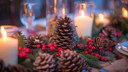  A detailed shot of a festive centerpiece with pine cones, candles, and holly berries on a table