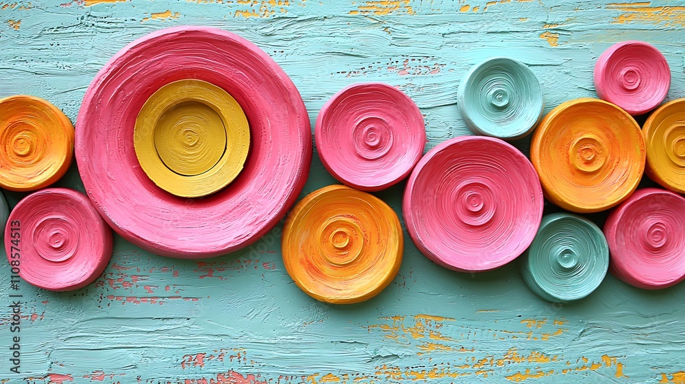 Poster vibrant polka dot patterns in various sizes with colorful circular plates on textured background for