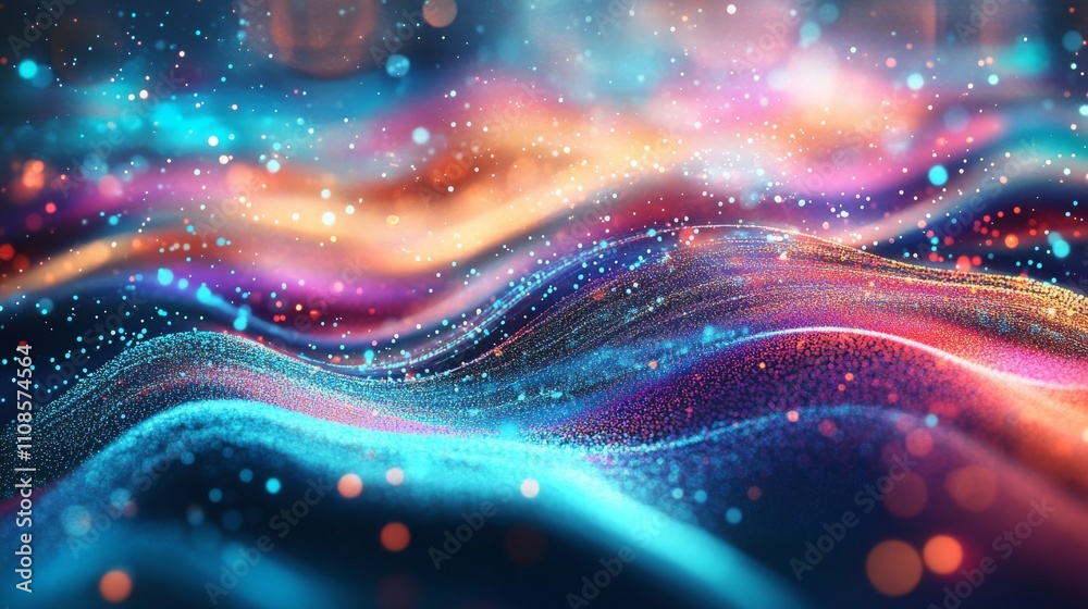 Sticker abstract 3d technology background with colorful neon waves in dark space - futuristic digital wallpa