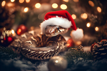 A symbol of the year 2025, snake wearing Santa's hat, festive Happy New Year and Christmas 
