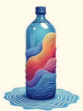 Surreal abstract water bottle illustration with colorful wave patterns