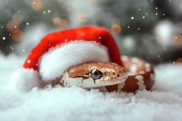 A symbol of the year 2025, snake wearing Santa's hat, festive Happy New Year and Christmas	

