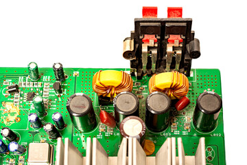 Close-up of a circuit board with microcircuits from an electrical appliance or computer. Selective...