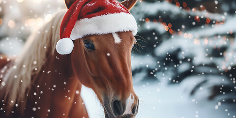A symbol of the year 2026, horse wearing Santa's hat, festive Happy New Year and Christmas 