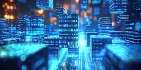 Fototapeta premium 3D Blocks of Binary Code Floating in the Air with High-Tech Digital Elements Emphasizing Technology and Innovation Concepts
