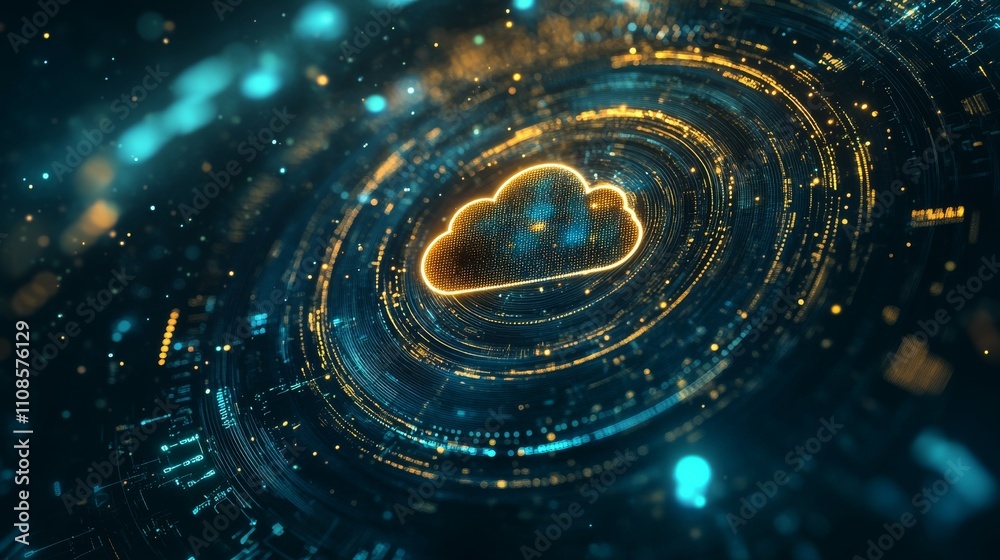 Poster futuristic technology background with cloud computing, digital data flow, and hologram display, feat