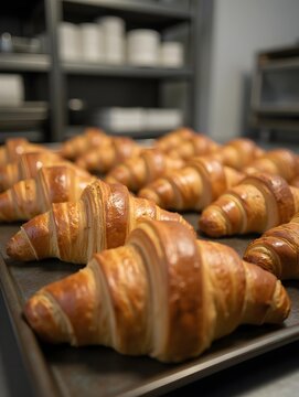 Freshly baked croissants cooling on trays in a bakery kitchen during morning hours