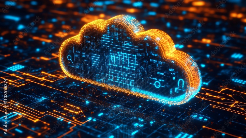 Poster futuristic technology background with cloud computing, digital data flow, and hologram display, feat