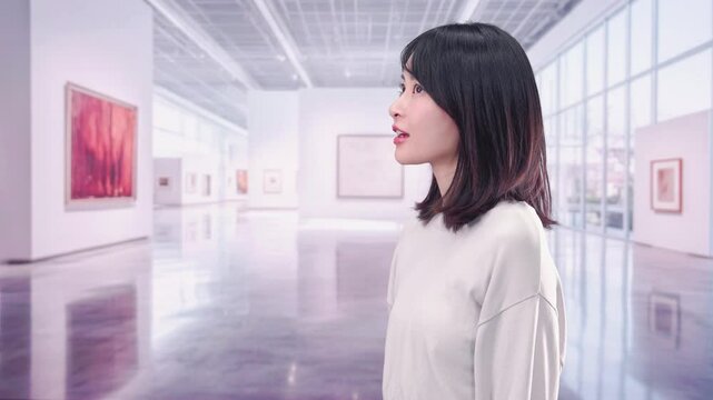 美術館で作品を鑑賞する若い女性