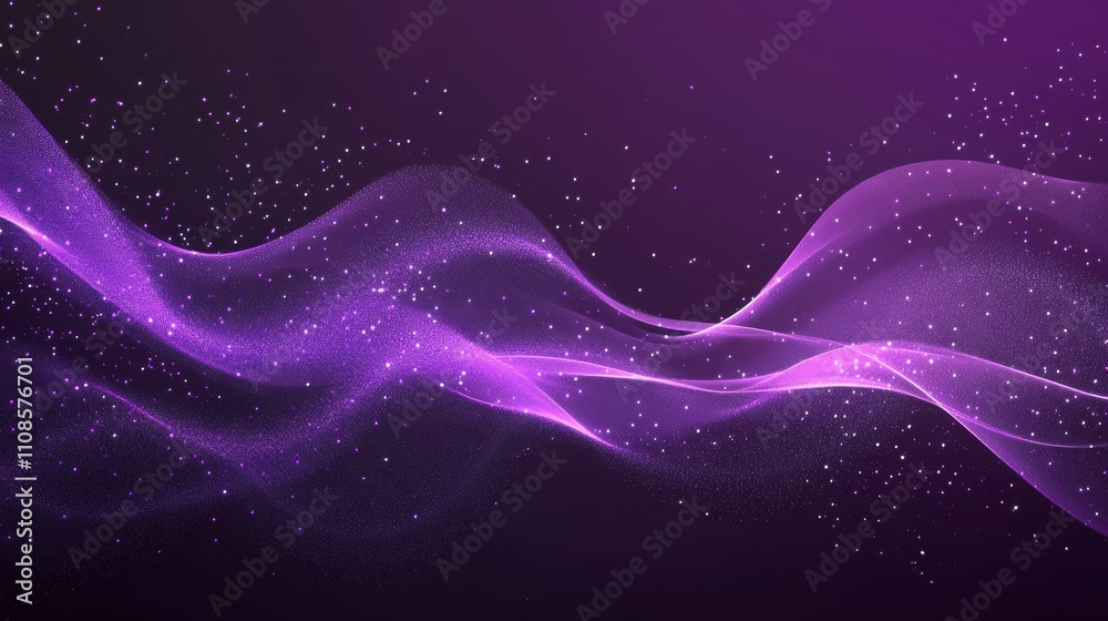 Wall mural technology background: digital purple particles wave and light abstract design featuring shining dot