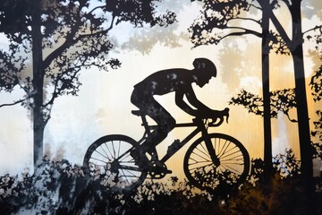Fototapeta premium Silhouette of a cyclist biking through a forest at sunset, highlighting the dramatic interplay of light and shadow.