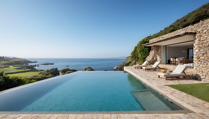 Obraz premium a pool with a house and a pool with a view of the ocean.