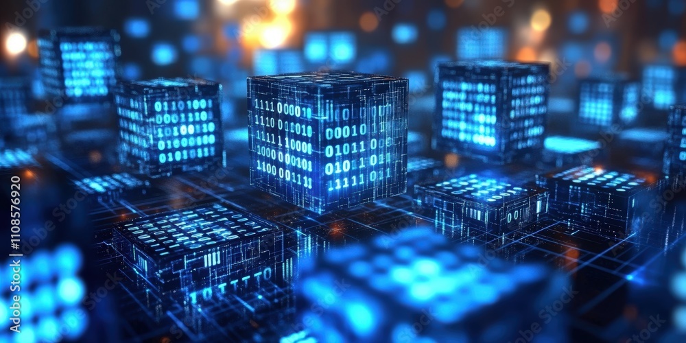 Poster 3d illustration of data blocks with floating binary code in a futuristic digital environment featuri