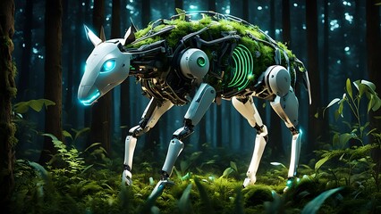 A hybrid animal with robotic enhancements, grazing in a biomechanical forest illuminated by glowing plants.