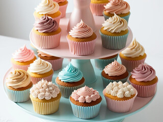 A selection of cupcakes with intricate frosting designs, displayed on a pastel-colored dessert stand