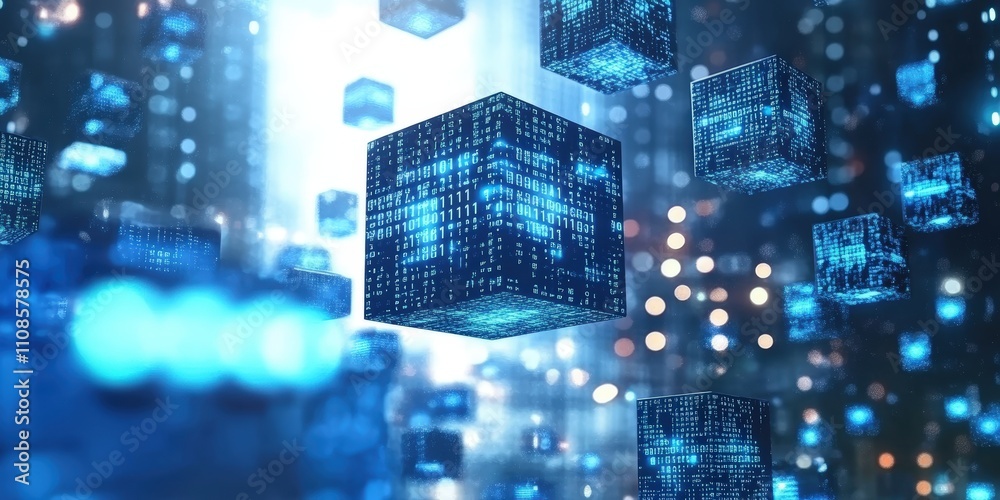 Poster detailed 3d rendering of floating blue cubes with binary code in dynamic digital environment capturi
