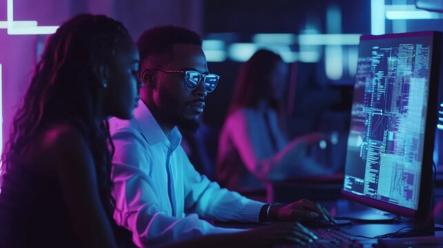 Futuristic technology transformation featuring black professionals collaborating in a modern office setting with overlay of ai, 5g network, big data visuals, and social connection elements in a dark a