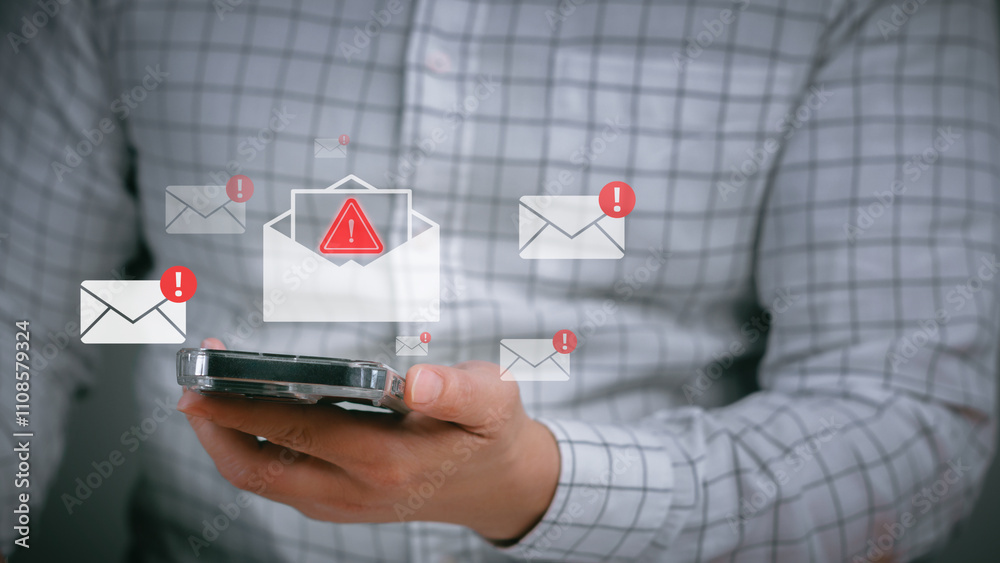 Wall mural businessman using smartphone to open email with mail alert icon for spam and malicious email in conc