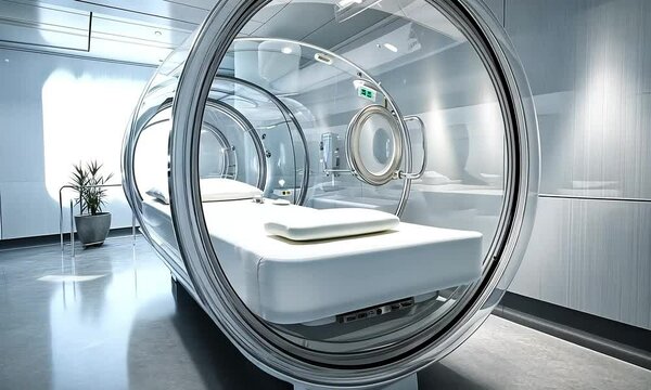 A Transparent Hyperbaric Oxygen Chamber in a Tranquil Medical Environment, Featuring Soft Padding and Clear Acrylic Walls for Relaxation