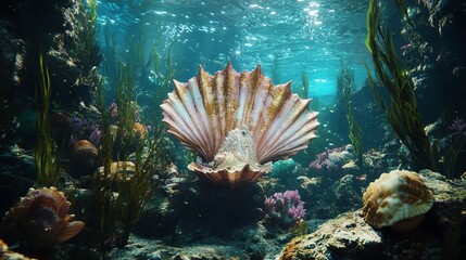 A vibrant underwater scene featuring a large seashell and coral.