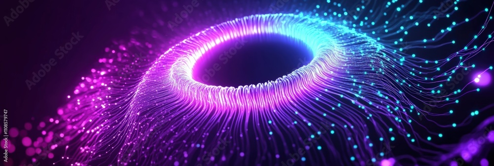 Poster abstract circular pattern of glowing lines forms a dynamic composition in vibrant colors for modern 