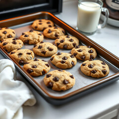 A tray of warm chocolate chip cookies fresh out of the oven, with a glass of cold milk nearby
