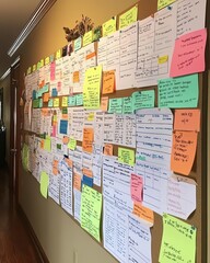 A bulletin board filled with colorful notes and organized documents.