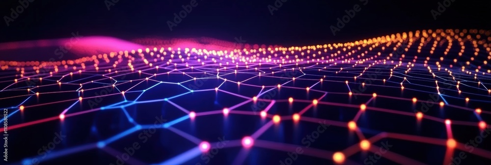 Poster vibrant colorful hexagon pattern on dark background with glowing lights and geometric design element