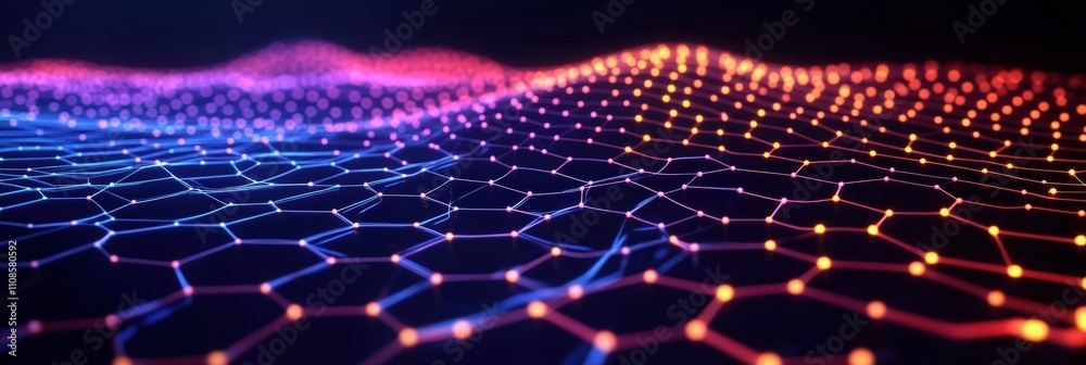 Poster colorful hexagons with dark background creating a vibrant abstract digital landscape in vivid colors