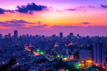 Obraz premium A vibrant city skyline at sunset, showcasing colorful lights and clouds.