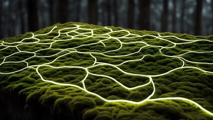 A neon-lit forest filled with bioengineered plants emitting multicolor lights, creating an ethereal ambiance.