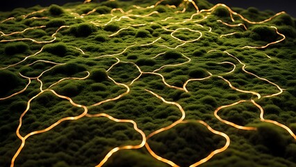 A neon-lit forest filled with bioengineered plants emitting multicolor lights, creating an ethereal ambiance.