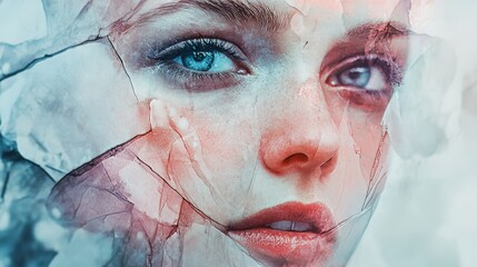 Fototapeta premium A captivating surreal portrait of a woman with cracked texture overlay, highlighting her vivid blue eyes in ethereal lighting.