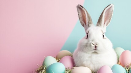 Obraz premium A cute white rabbit surrounded by pastel-colored eggs.