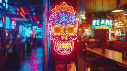 Fototapeta premium Vibrant neon skull art display trendy bar photography urban environment close-up view cultural concept