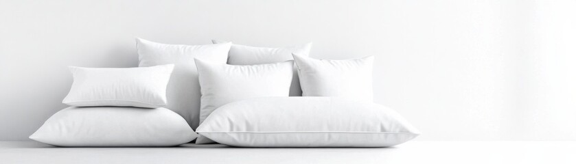 A serene arrangement of white pillows on a minimalist backdrop.