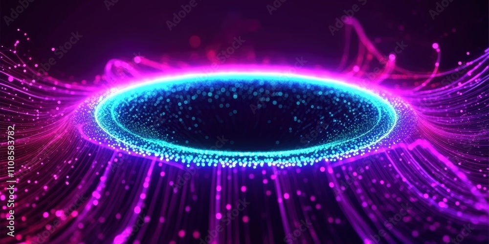 Poster glowing blue circular pattern on dark purple background with dynamic flowing light effects and abstr