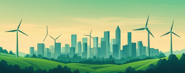 Fototapeta premium A serene landscape featuring wind turbines and a city skyline.