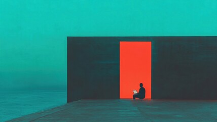 Obraz premium A solitary figure contemplates in front of a vibrant door.