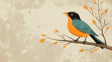Fototapeta premium A vibrant orange and teal bird perched on a branch