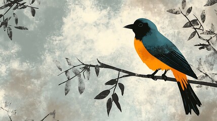 Fototapeta premium Orange and Blue Bird Perched on Branch