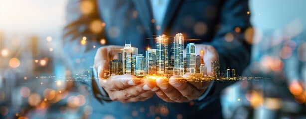 The photo shows a businessman holding a glowing city in his hands real estate Investment development