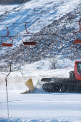 Mongolian snow skiing Resort in Ulaanbaatar. Young boys skating on hoverboard.